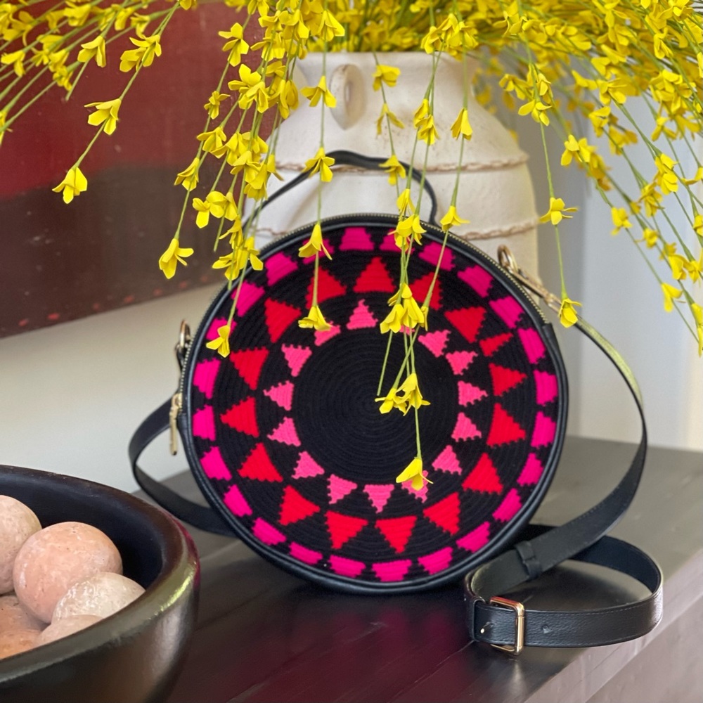 Round messenger, Wayuu Crossbody/ shoulder bag, Adjustable strap.